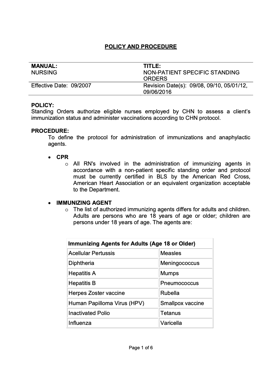 Non Patient Specific Standing Orders pdf Community Health Care Association Of New York State